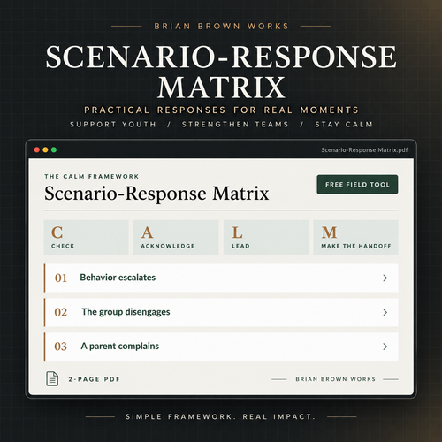 Scenario-Response Matrix digital tool showing the CALM framework and three youth-program staff practice scenarios.
