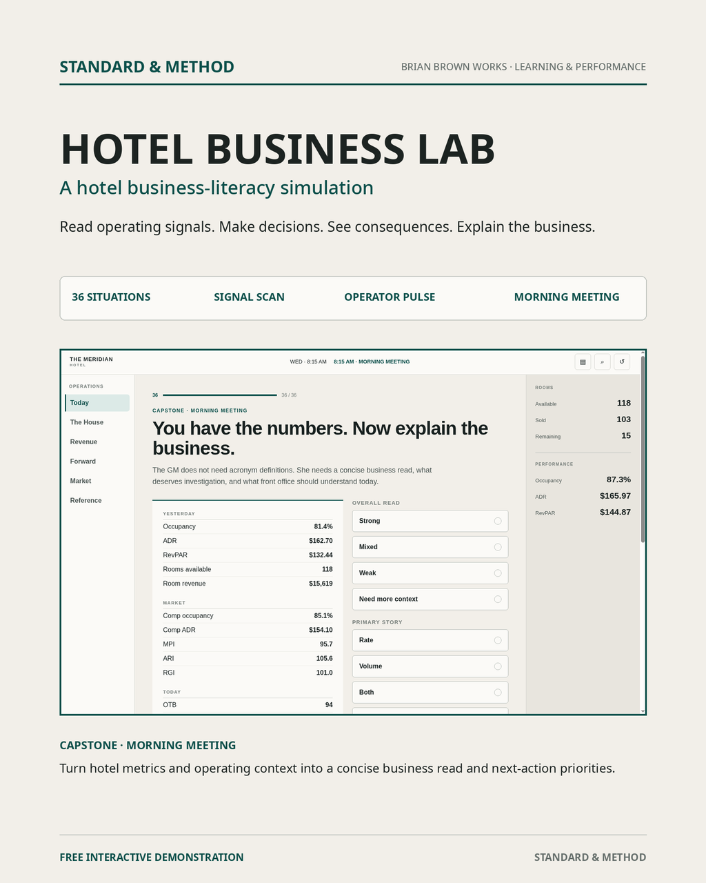Standard & Method Hotel Business Lab cover showing the Morning Meeting capstone, hotel operating metrics, decision options, and Meridian Ops interface