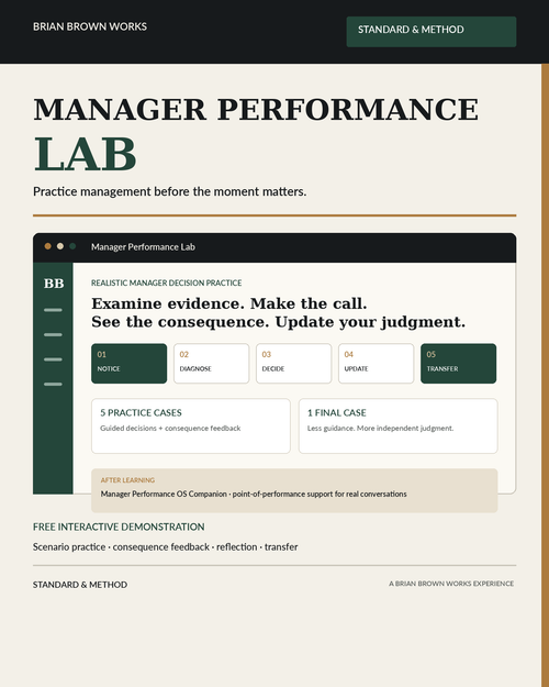 Standard & Method Manager Performance Lab cover showing realistic manager decision practice, five practice cases, one final case, and the Manager Performance OS Companion after learning