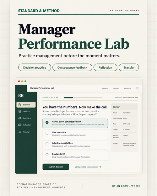 Standard & Method Manager Performance Lab cover with decision practice, consequence feedback, reflection, transfer, and a manager scenario interface