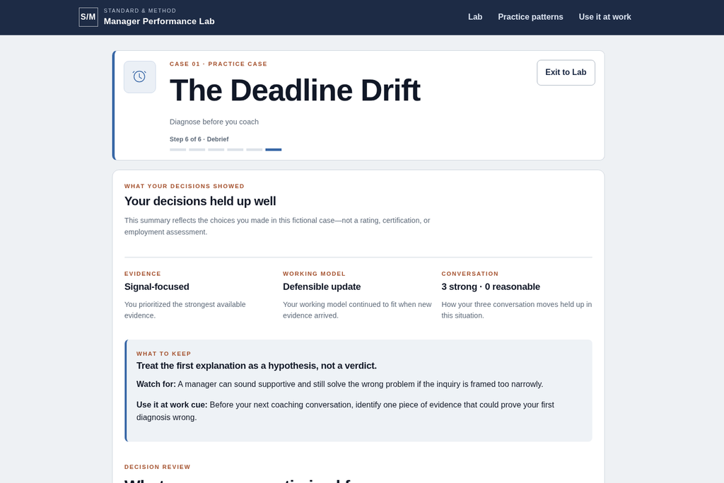 Manager Performance Lab debrief showing evidence quality, an updated working model, conversation consequences, coaching, and a real-work transfer cue.