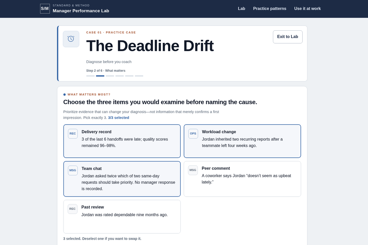 Manager Performance Lab interface showing selected workplace evidence before a manager names the cause.