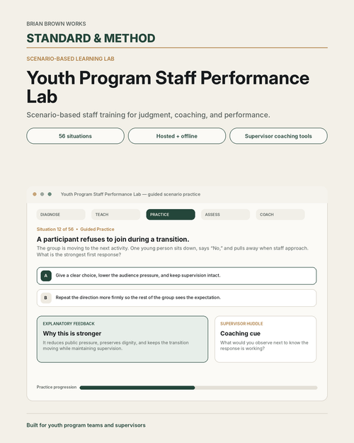 Standard & Method Youth Program Staff Performance Lab cover showing scenario practice, response choices, feedback, coaching, and progress