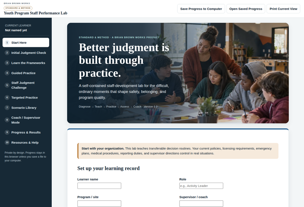 Actual Youth Program Staff Performance Lab browser interface showing the interactive learning path
