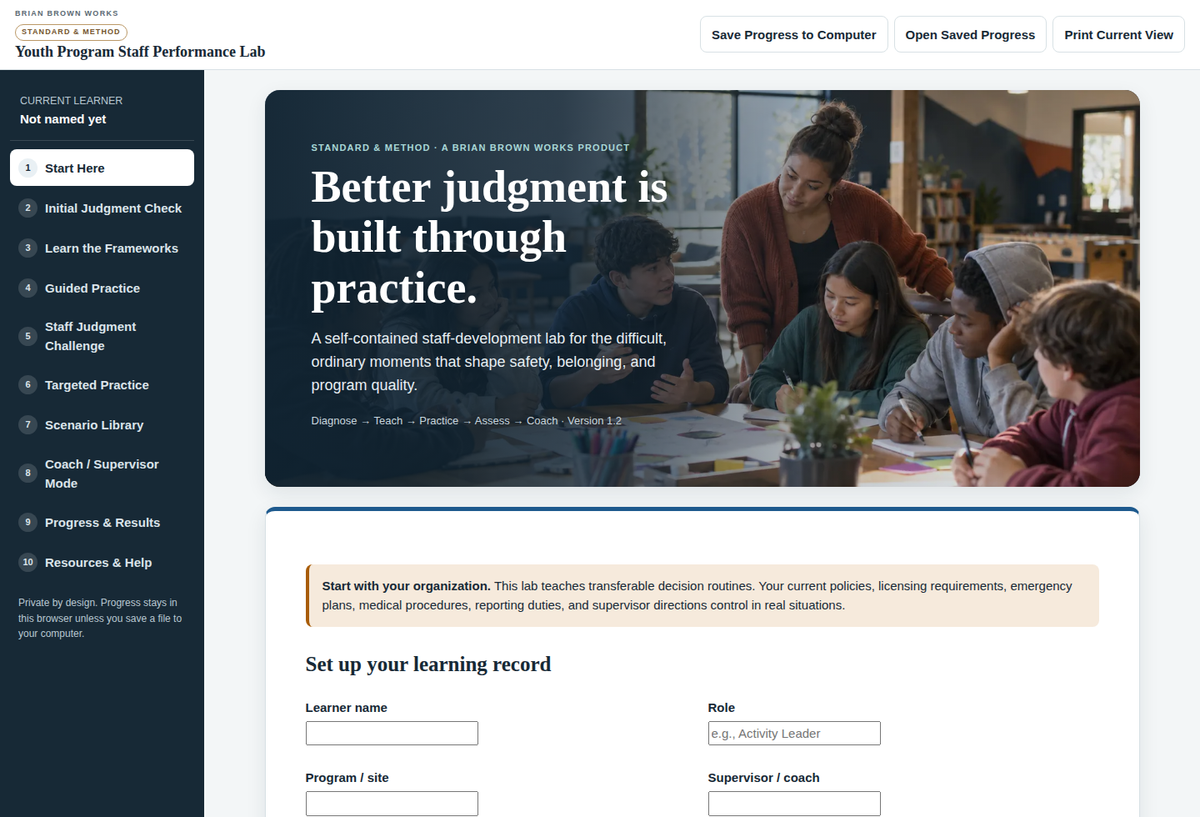 Actual Youth Program Staff Performance Lab browser interface showing the interactive learning path