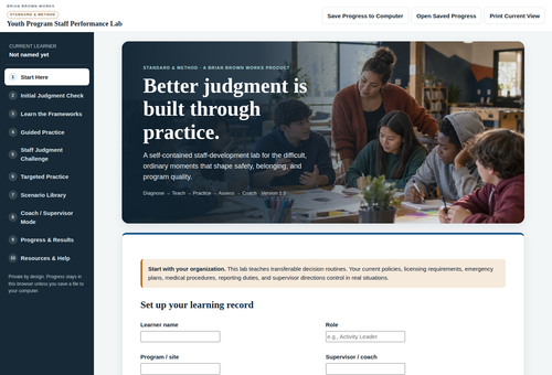 Actual Youth Program Staff Performance Lab browser interface showing the interactive learning path